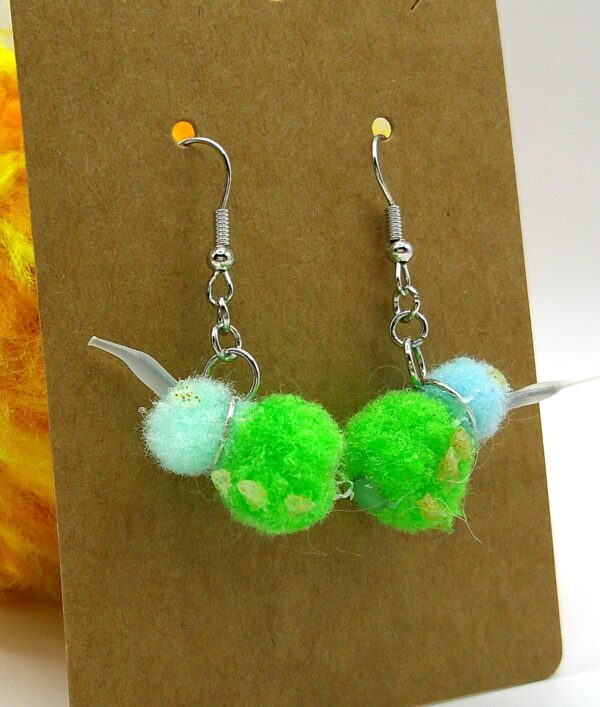 Green and Blue Puffball Weevil Earrings - Image 2