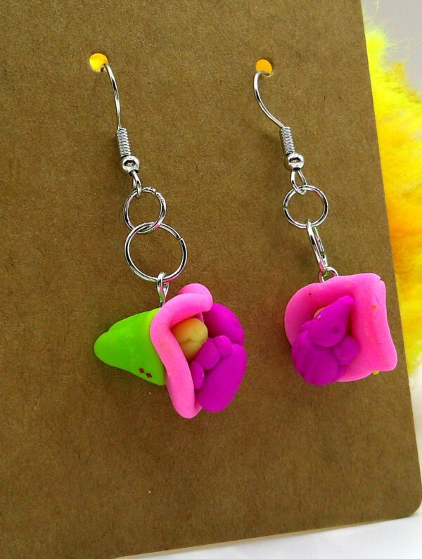 Pink Flower with Green Weevil Earrings